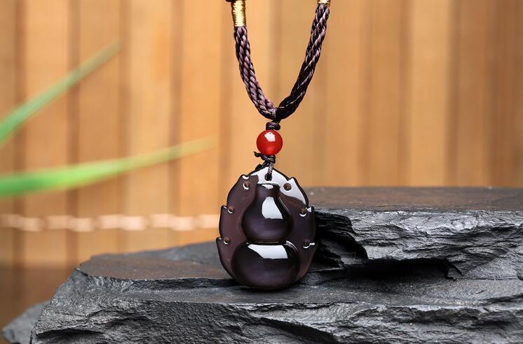 100% Natural Color Obsidian Carved Chinese Lucky gourd Pendant + free Necklace