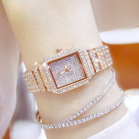 Diamond Gold Waterproof Crystal Square Watches