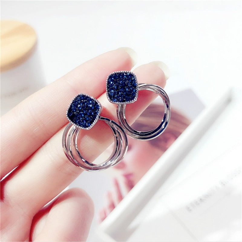 2018 Zinc Alloy Classic Round Women Dangle Earrings Korean Deep Blue Crystal Circle