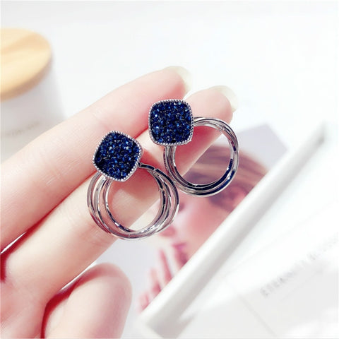 2018 Zinc Alloy Classic Round Women Dangle Earrings Korean Deep Blue Crystal Circle