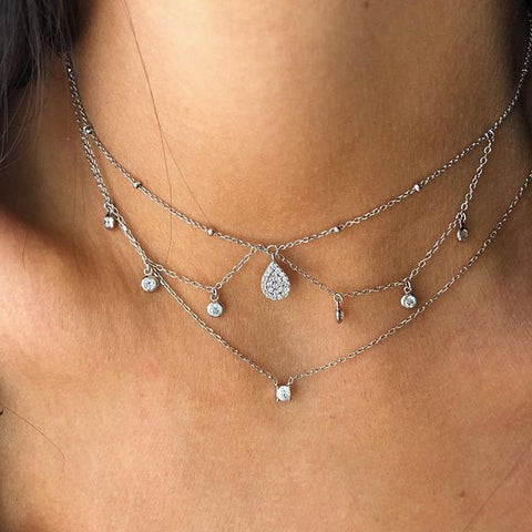 Double Layer Cz Drop Charm Water Micro Pave Bling 925 Silver Choker Chain Necklace