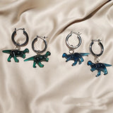 Wild Acrylic Dinosaurs Design Blue Green Silver Dangle Tassel Fancy Earrings