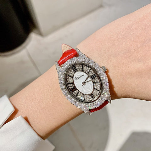 Leather strap Diamond Quartz Oval Shape Watch