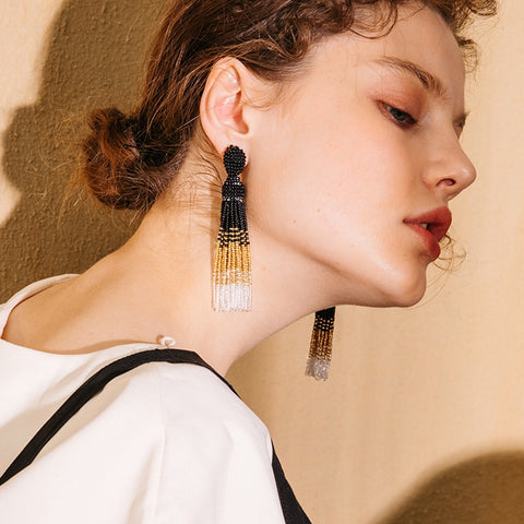 Indian Vintage Dangle Gold Color Long Tassel Bead Drop Earrings