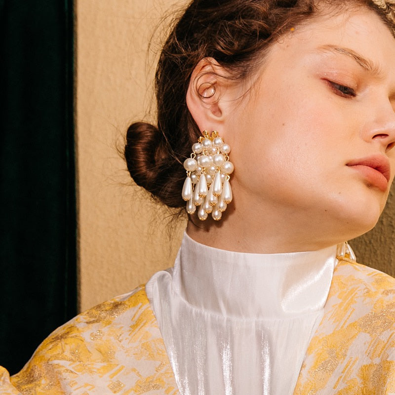 Korean Earrings Punk Gold Color Pearl Tassel Drop Earrings