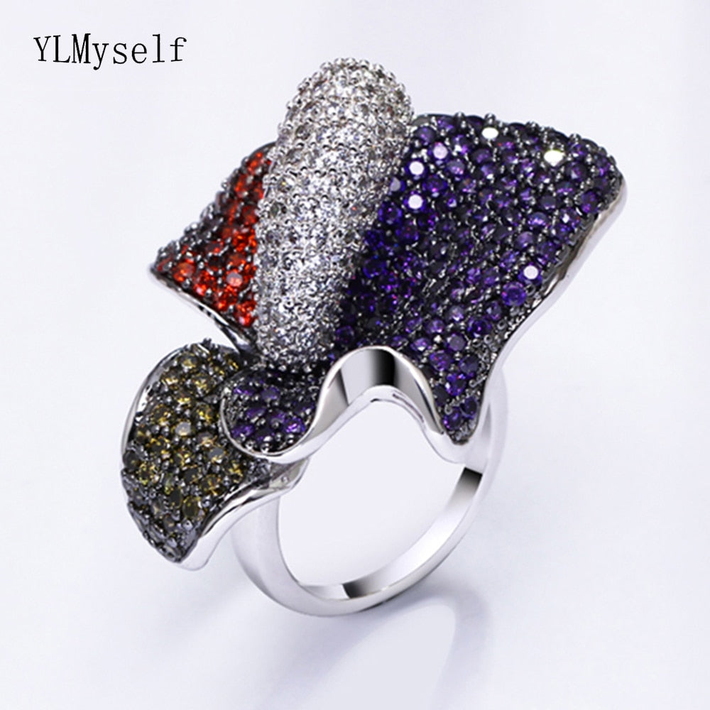 Multi Crystal Zirconia Big Rings Party Trendy Flowere Ring