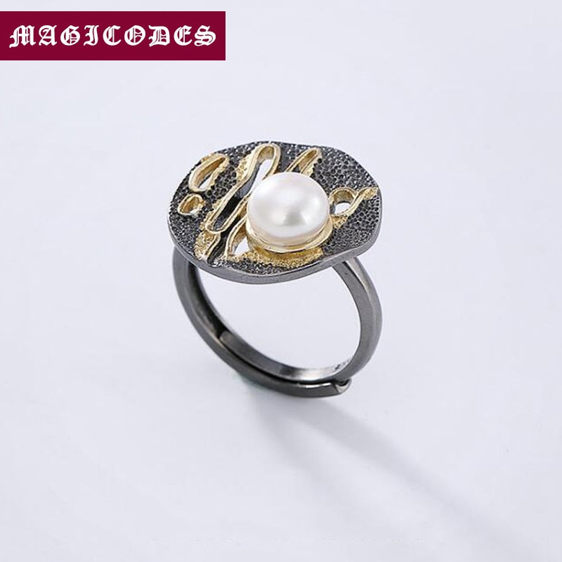 925 Sterling Silver Jewelry Women Mosaic Pearl Exaggerated hollow Wedding Ring