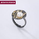 925 Sterling Silver Jewelry Women Mosaic Pearl Exaggerated hollow Wedding Ring
