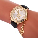 Music Note Pendant Clock Leather Band Quartz Wristwatch