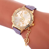 Music Note Pendant Clock Leather Band Quartz Wristwatch