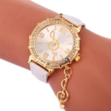 Music Note Pendant Clock Leather Band Quartz Wristwatch