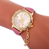 Music Note Pendant Clock Leather Band Quartz Wristwatch