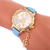 Music Note Pendant Clock Leather Band Quartz Wristwatch