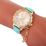 Music Note Pendant Clock Leather Band Quartz Wristwatch