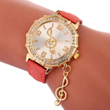 Music Note Pendant Clock Leather Band Quartz Wristwatch