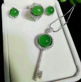 S925 silver-encrusted natural ice green jade myelin small key three-piece set