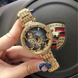 Leopard Rotation Dress Watch Big Diamond Stone Wristwatch Rose Gold
