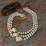 3 Strands 18''-21'' White Pearl Golden Plated Keshi Pearl Necklace