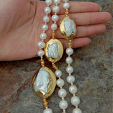 3 Strands 18''-21'' White Pearl Golden Plated Keshi Pearl Necklace