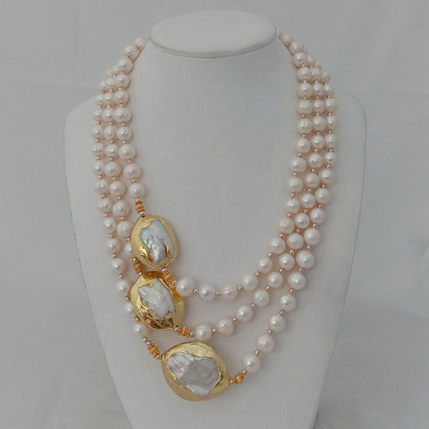 3 Strands 18''-21'' White Pearl Golden Plated Keshi Pearl Necklace