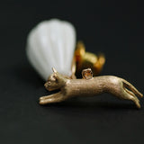 925 Sterling Silver White Ceramic Hot Air Balloon Cat Brooch