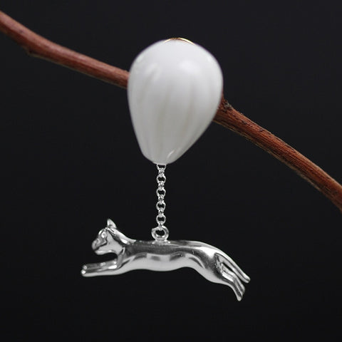 925 Sterling Silver White Ceramic Hot Air Balloon Cat Brooch