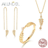 ALLNOEL 925 Sterling Silver Sets Zircon Diamond Gold Olive Leaf Earrings Ring Pendant Necklace