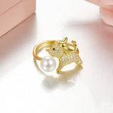 925 sterling silver zircon cute dog Ring with pearl