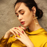 Asymmetric Long Cross Earrings Imitation Pearls Dangle Gold color Drop Earrings