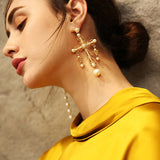 Asymmetric Long Cross Earrings Imitation Pearls Dangle Gold color Drop Earrings