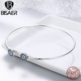 Authentic 100% 925 Sterling Silver Round Shape Lucky Blue Evil Eyes Open Bangles