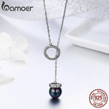 BAMOER 925 Sterling Silver Circle Black Imitation Pearl Pendant Necklace