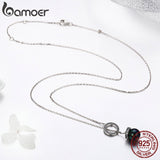 BAMOER 925 Sterling Silver Circle Black Imitation Pearl Pendant Necklace