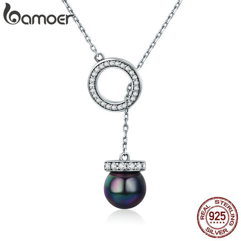 BAMOER 925 Sterling Silver Circle Black Imitation Pearl Pendant Necklace