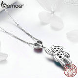 BAMOER 925 Sterling Silver Pink Heart And Cute Bear Animal Pendant Necklaces