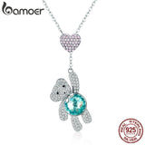 BAMOER 925 Sterling Silver Pink Heart And Cute Bear Animal Pendant Necklaces