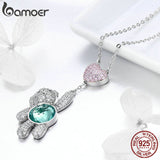 BAMOER 925 Sterling Silver Pink Heart And Cute Bear Animal Pendant Necklaces