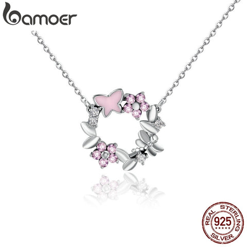 BAMOER 925 Sterling Silver Pink Poetic Daisy Cherry Blossom Pendant Necklaces