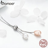 BAMOER Authentic 925 Sterling Silver Glittering Freshwater Pearl Long Chain Pendant Necklace