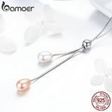 BAMOER Authentic 925 Sterling Silver Glittering Freshwater Pearl Long Chain Pendant Necklace