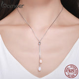 BAMOER Authentic 925 Sterling Silver Glittering Freshwater Pearl Long Chain Pendant Necklace