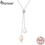 BAMOER Authentic 925 Sterling Silver Glittering Freshwater Pearl Long Chain Pendant Necklace