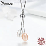 BAMOER Authentic 925 Sterling Silver Glittering Freshwater Pearl Long Chain Pendant Necklace