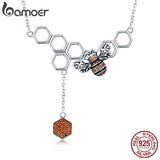 BAMOER 925 Sterling Silver Insect Bee Honeycomb Dangle Pendant Necklace