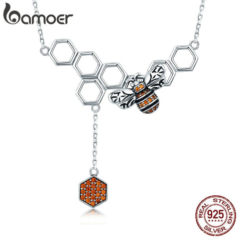 BAMOER 925 Sterling Silver Insect Bee Honeycomb Dangle Pendant Necklace