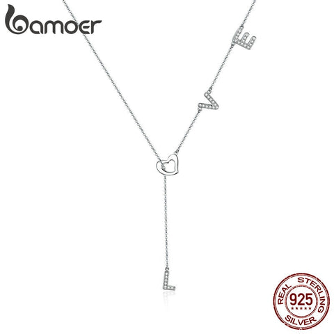 BAMOER 925 Sterling Silver Love Letter Shape Long Chain Pendant Necklace