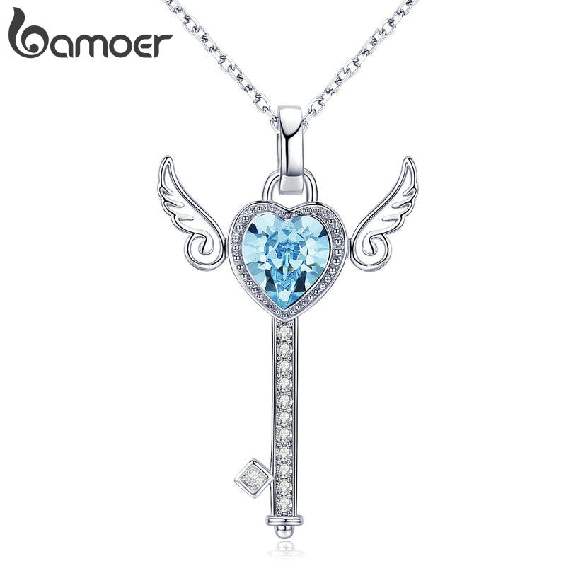BAMOER Guardian Key Silver Angel Wings Pendant Necklaces