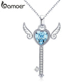 BAMOER Guardian Key Silver Angel Wings Pendant Necklaces