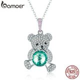 BAMOER Trendy 925 Sterling Silver Pendant Crystal Cute Bear Green Necklaces