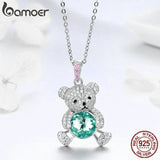 BAMOER Trendy 925 Sterling Silver Pendant Crystal Cute Bear Green Necklaces